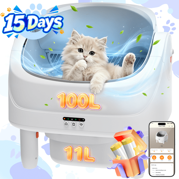 Qvamodo Self Cleaning Cat Litter Box, Automatic Open Top Cat Litter Box for Multiple Cats, Smart Litter Box with APP Control, 111 L Large Capacity, 7-Sensor Protection, Low Odor Cat Litter Solution