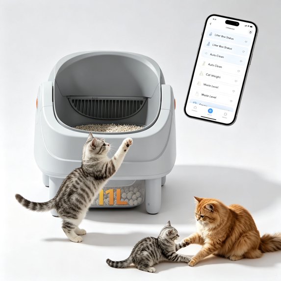 Qvamodo Self Cleaning Cat Litter Box, Automatic Open Top Cat Litter Box for Multiple Cats, Smart Litter Box with APP Control, 111 L Large Capacity, 7-Sensor Protection, Low Odor Cat Litter Solution