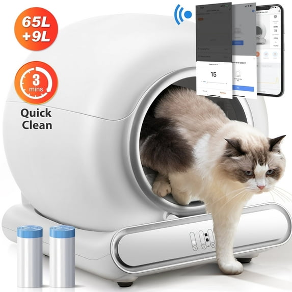 Qvamodo Self-Cleaning Cat Litter Box for Multiple Cats, Automatic 65 L Capacity with WiFi APP Control, Health Monitoring, Odor Control, Quiet Operation, Includes 2 Liner Rolls, Easy Setup