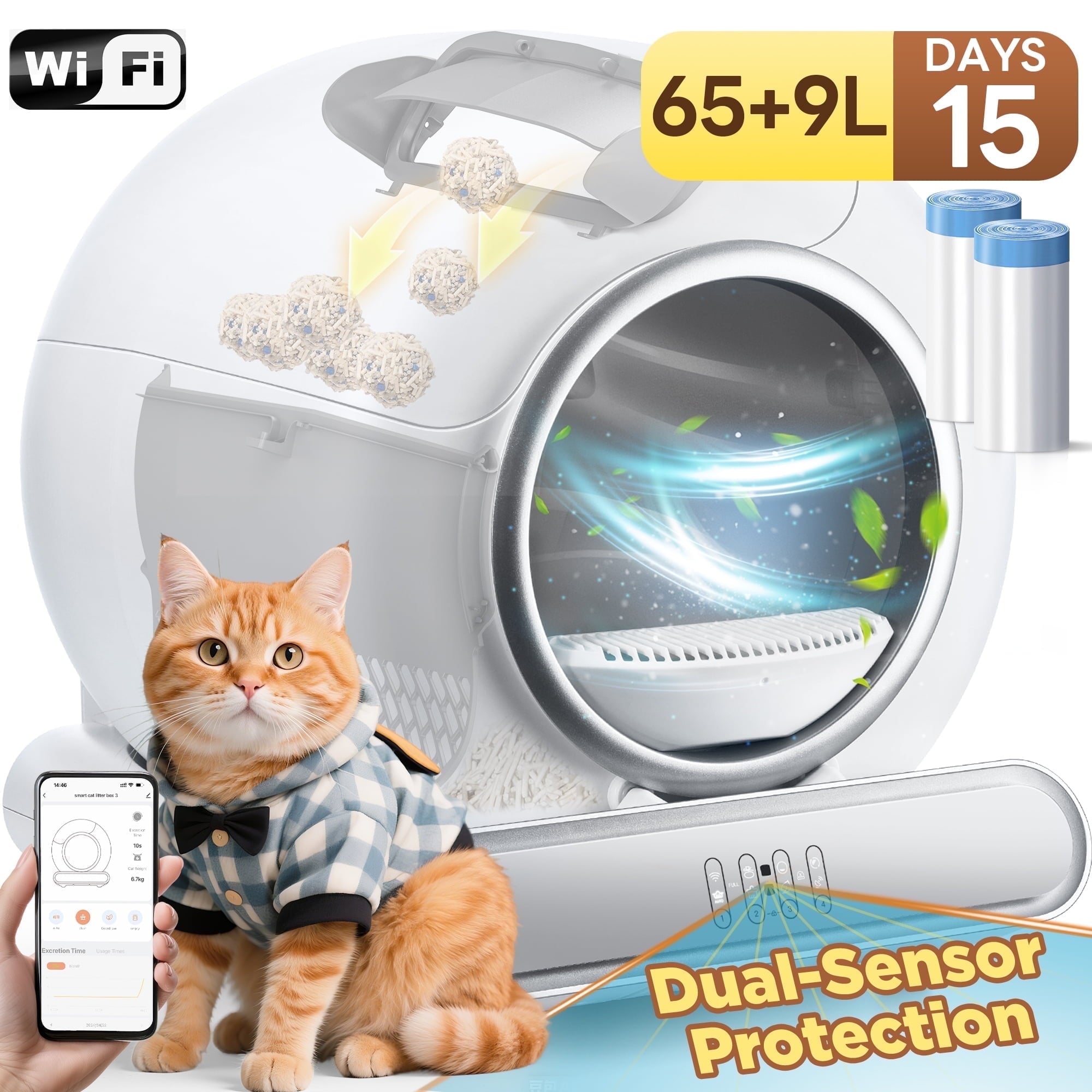 FaayFian Self Cleaning Cat Litter Box w/ Safety Sensors, Automatic Litter Box, 18LB & 65L+9L Large Capacity for Multi-Cat, Litter Box w/ No Disturb Mode,15 days Travles for One Cat, Dual Way Control
