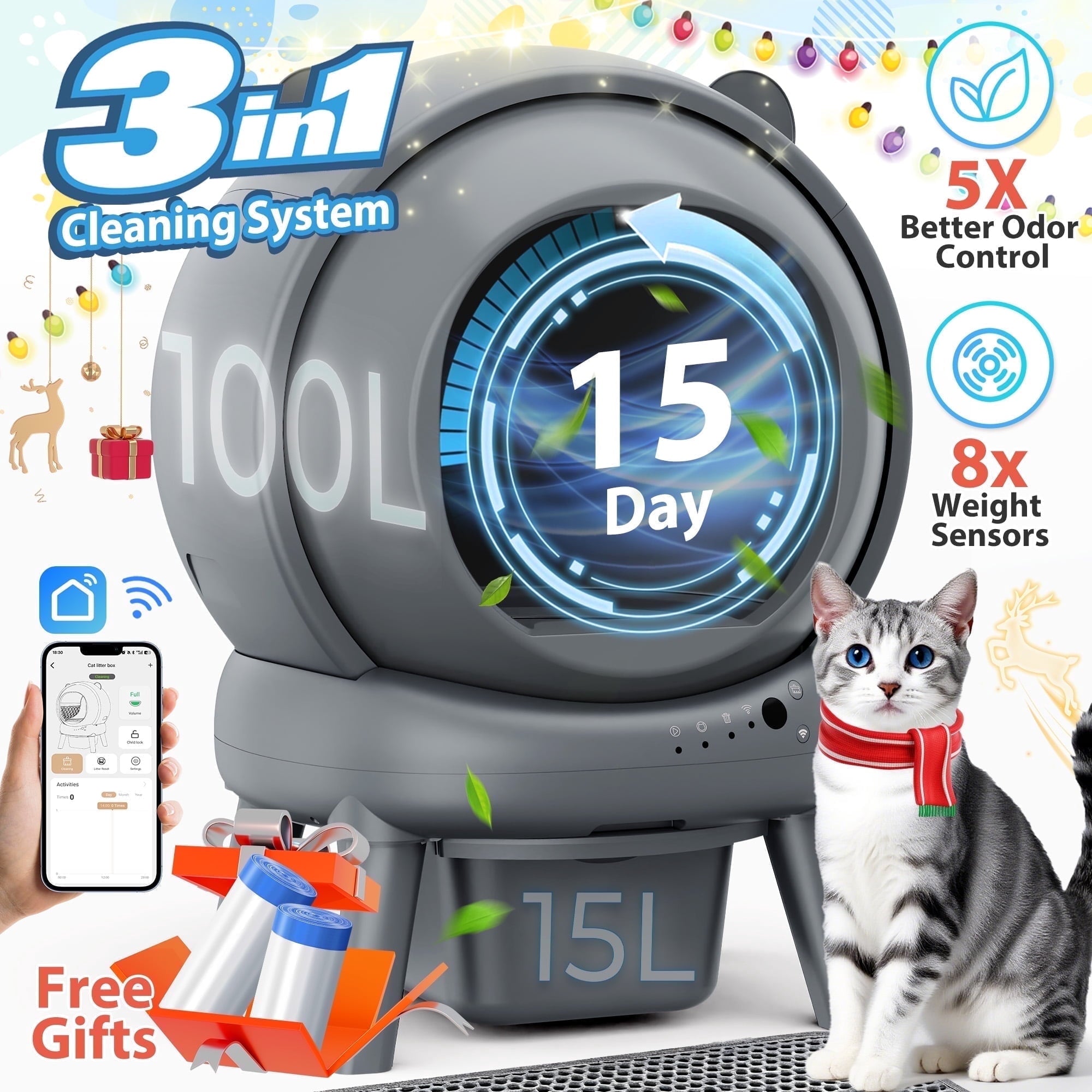 Qvamodo Self Cleaning Litter Box, 100 L+15L Automatic Cat Litter Box Self Cleaning for Multiple Cats, with Safety Protection, App Control,2 Roll Garbage Bags+Cat litter mat