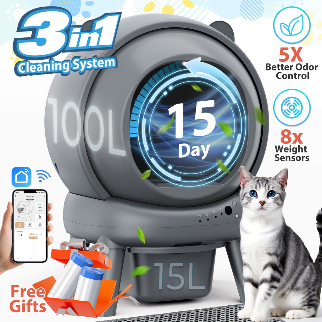 Qvamodo Self Cleaning Litter Box, 100 L+15L Automatic Cat Litter Box Self Cleaning for Multiple Cats, with Safety Protection, App Control,2 Roll Garbage Bags+Cat litter mat