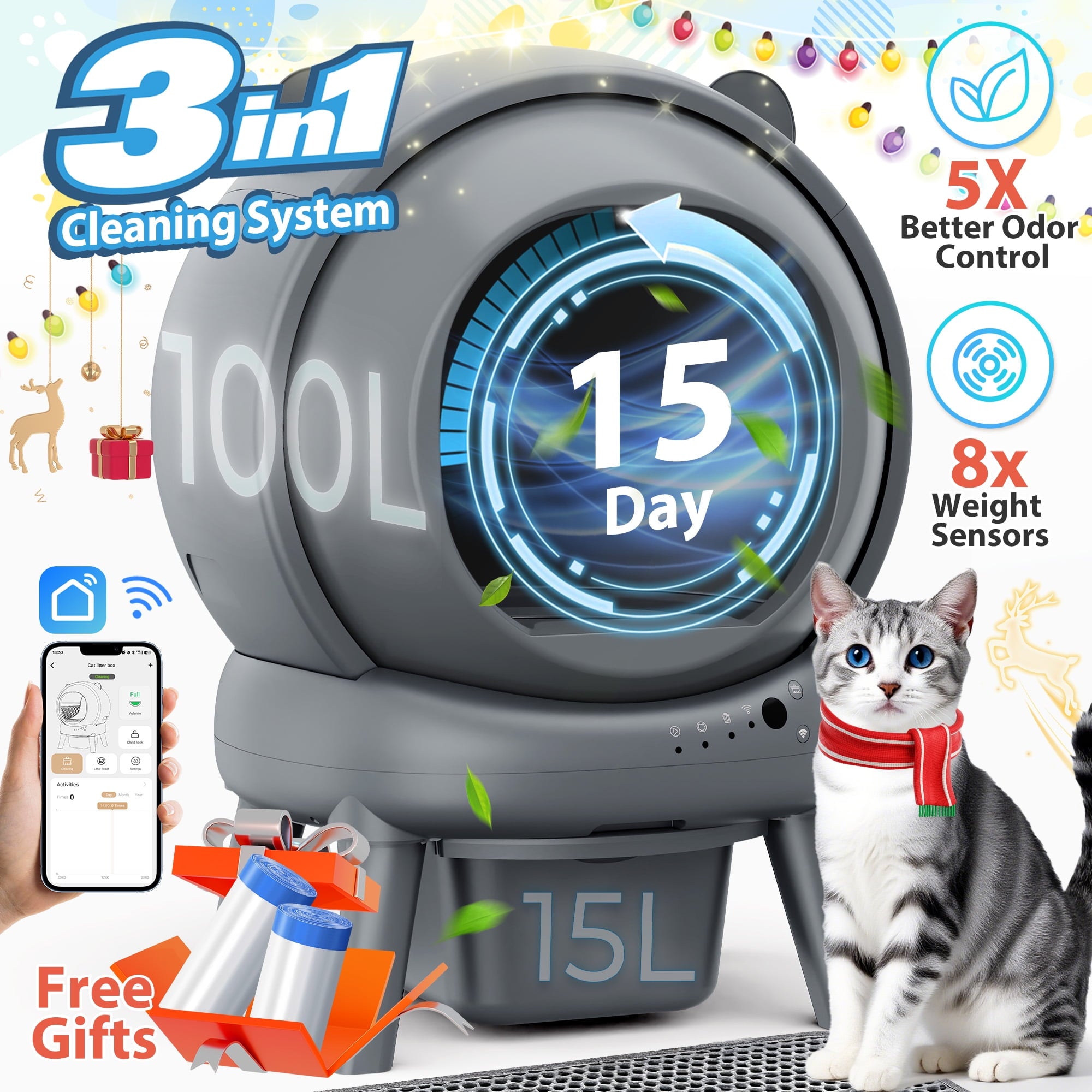 Qvamodo Self Cleaning Litter Box, 100 L+15L Automatic Cat Litter Box Self Cleaning for Multiple Cats, with Safety Protection, App Control,2 Roll Garbage Bags+Cat litter mat