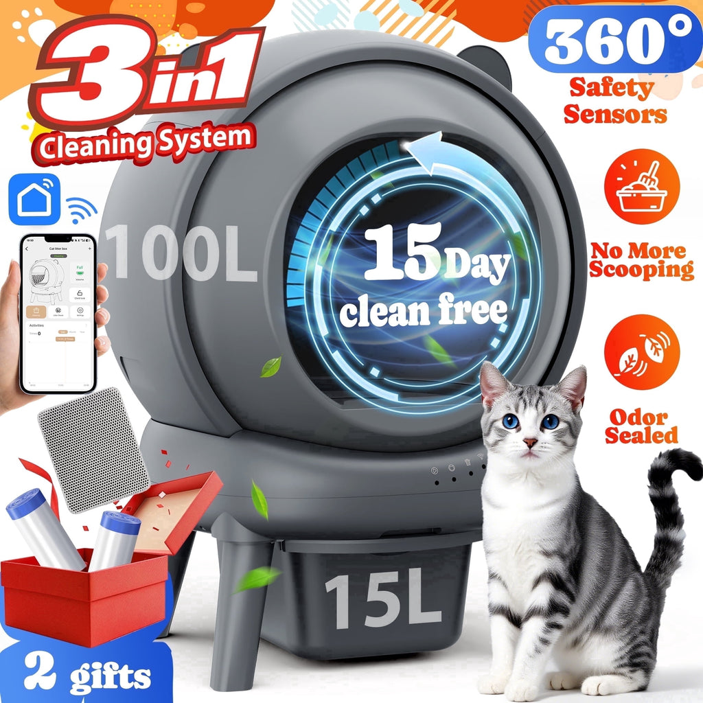 Qvamodo Self Cleaning Litter Box, 100 L+15L Automatic Cat Litter Box Self Cleaning for Multiple Cats, with Safety Protection, App Control,2 Roll Garbage Bags+Cat Litter Mat