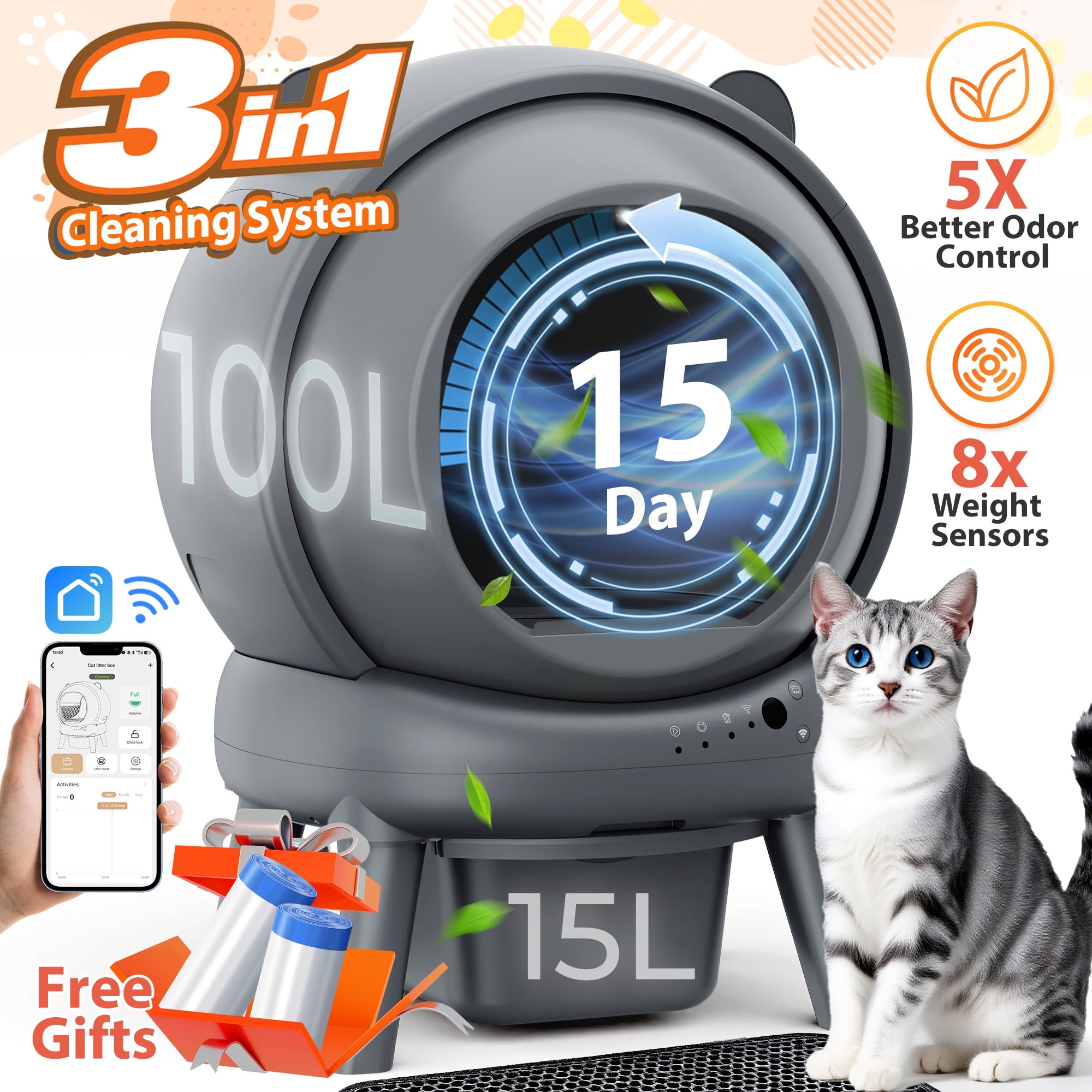 Qvamodo Self Cleaning Litter Box, 100 L+15L Automatic Cat Litter Box Self Cleaning for Multiple Cats, with Safety Protection, App Control,2 Roll Garbage Bags+Cat litter mat