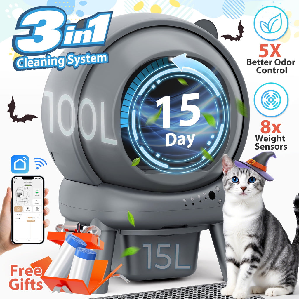 Qvamodo Self Cleaning Litter Box, 100 L+15L Automatic Cat Litter Box Self Cleaning for Multiple Cats, with Safety Protection, App Control,2 Roll Garbage Bags+Cat litter mat