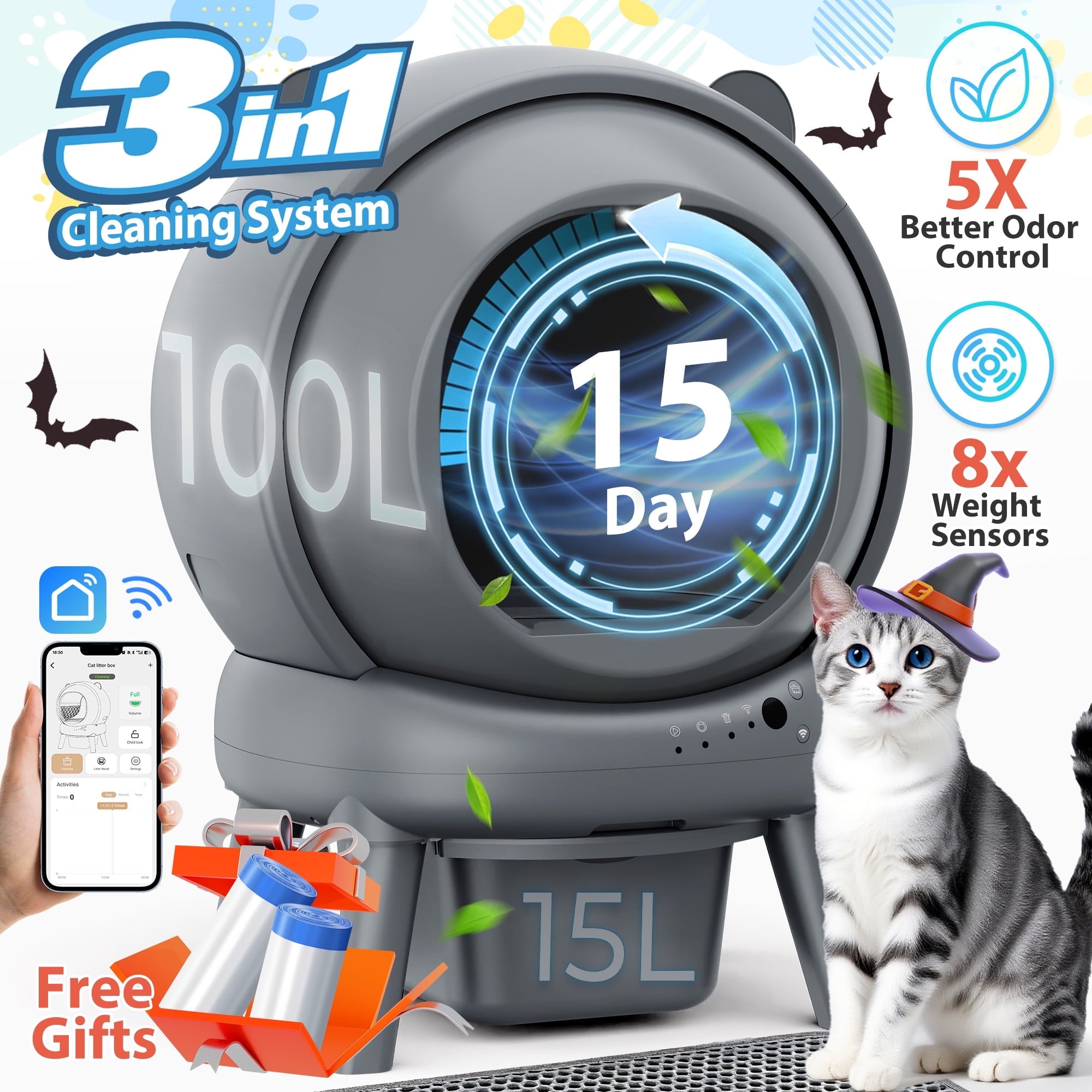 Qvamodo Self Cleaning Litter Box, 100 L+15L Automatic Cat Litter Box Self Cleaning for Multiple Cats, with Safety Protection, App Control,2 Roll Garbage Bags+Cat litter mat