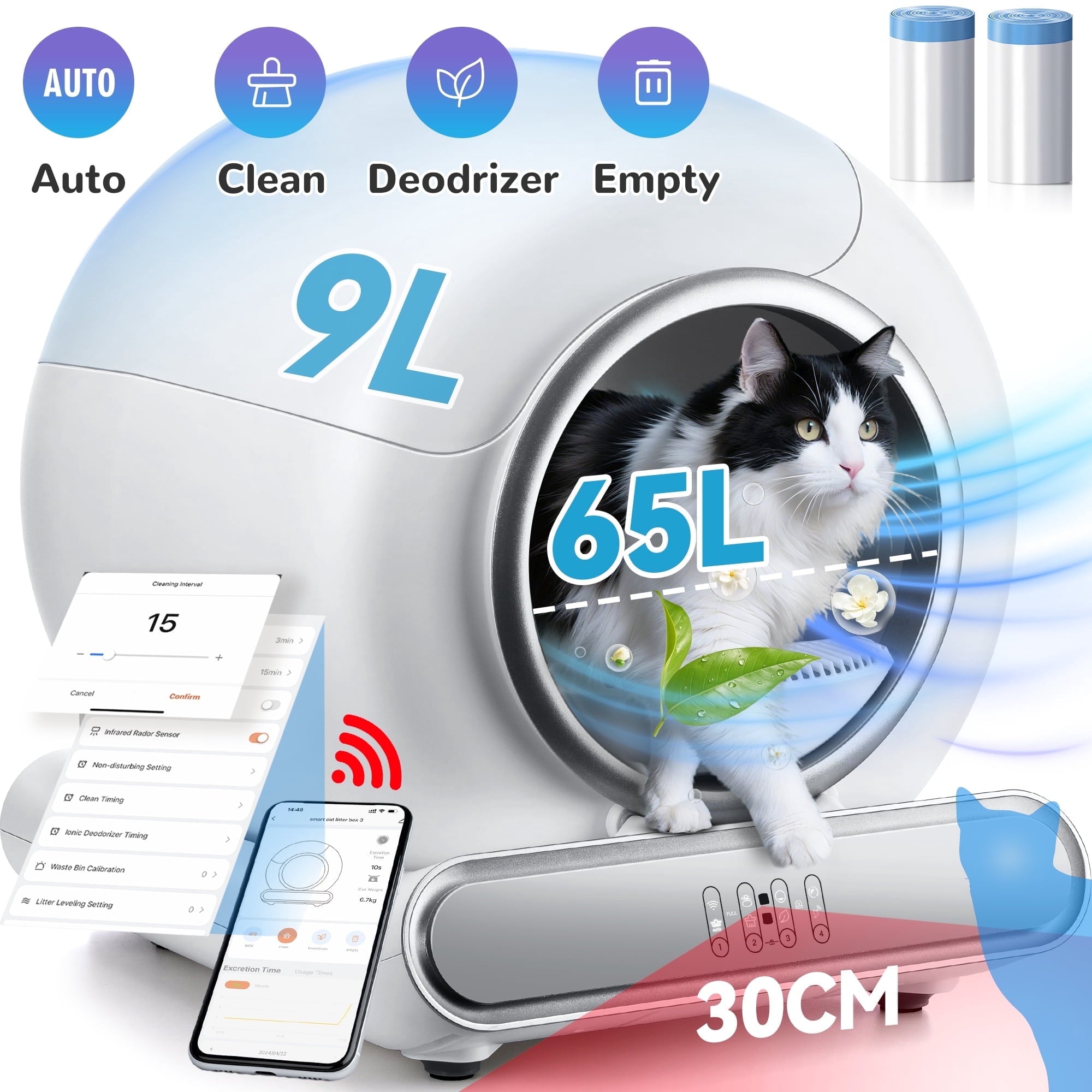 FaayFian Self-Cleaning Litter Box, Automatic Cat Litter Box with APP Remote Monitoring, Not Disturb Mode, 65+9L Large Capacity for Multiple Cats, Safety Protection Sensor & Odor Isolation