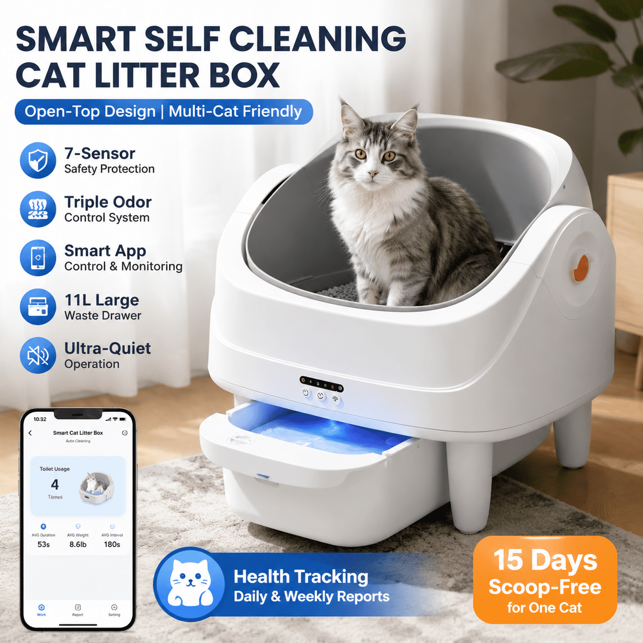 ZEJIXO Self Cleaning Litter Box, Automatic Litter Box for Multiple Cats, Open Top Litter Box Design, Smart App Control, Safety Sensor Protection, Large Waste Bin, Odor Control System, Includes 2 Roll Liners