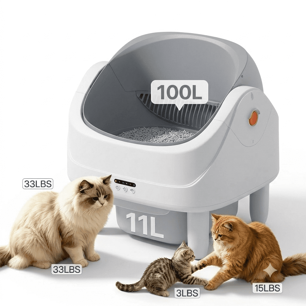 Campmoy Self-Cleaning Litter Box for Multiple Cats – Automatic Open-Top Cat Litter Box with App Control & Smart Safety Sensors – Includes Litter Liner Bags & Waterproof Litter Mat, Upgraded UV Blue Light