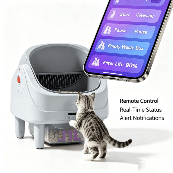 ZEJIXO Self Cleaning Litter Box, Open Top Automatic Cat Litter Box for Multiple Cats with App Control, Smart Safety Sensors, Self Clean Litter Box with 3-Level Odor Control, UV Blue Light, 2 Roll Liners