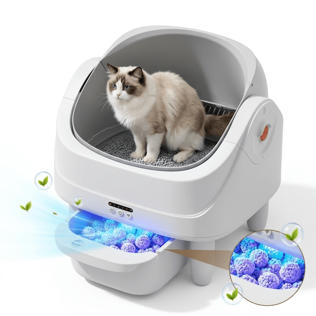 Campmoy Self Cleaning Litter Box,Open Top Automatic kitty Litter Box with App Control for Multiple Cats, Safety Sensors Protection, Odor Control Includes 2 roll Liners,11L Large Waste Bin