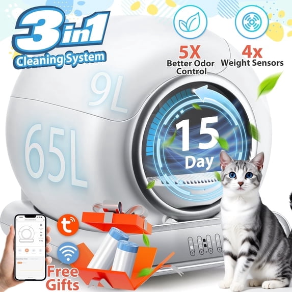 WNANEEZ Self Cleaning Litter Box, Automatic Cat Litter Box Self Cleaning for Multiple Cats, Smart Litter Box Scoopfree Covered Ultra Cleaning -Odor Removal -APP Control Smart Litter Box, White