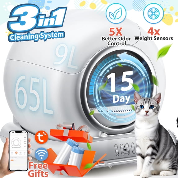 WNANEEZ Self Cleaning Litter Box, Automatic Cat Litter Box Self Cleaning for Multiple Cats, Smart Litter Box Scoopfree Covered Ultra Cleaning -Odor Removal -APP Control Smart Litter Box, White