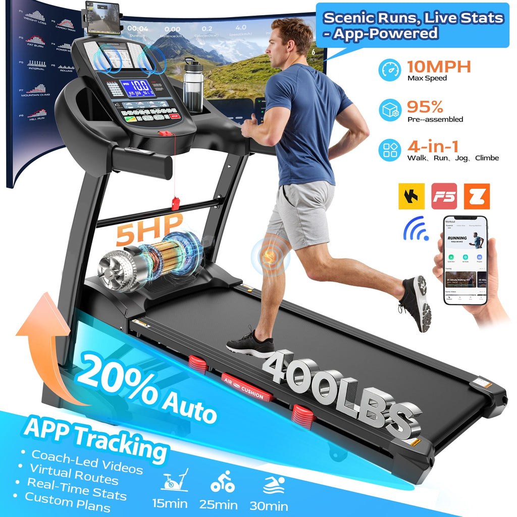 WNANEEZ 5HP Foldable Treadmill for Home, Treadmill with 20% Auto Incline Exercise Treadmill, APP Control, 400 lbs Capacity, 12 MPH Walking Running Machine for Small Space, 71 Programs, Bonus Knee Strap