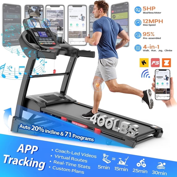 WNANEEZ 5HP Foldable Treadmill for Home, Treadmill with 20% Auto Incline Exercise Treadmill, APP Control, 400 lbs Capacity, 12 MPH Walking Running Machine for Small Space, 71 Programs, Bonus Knee Strap