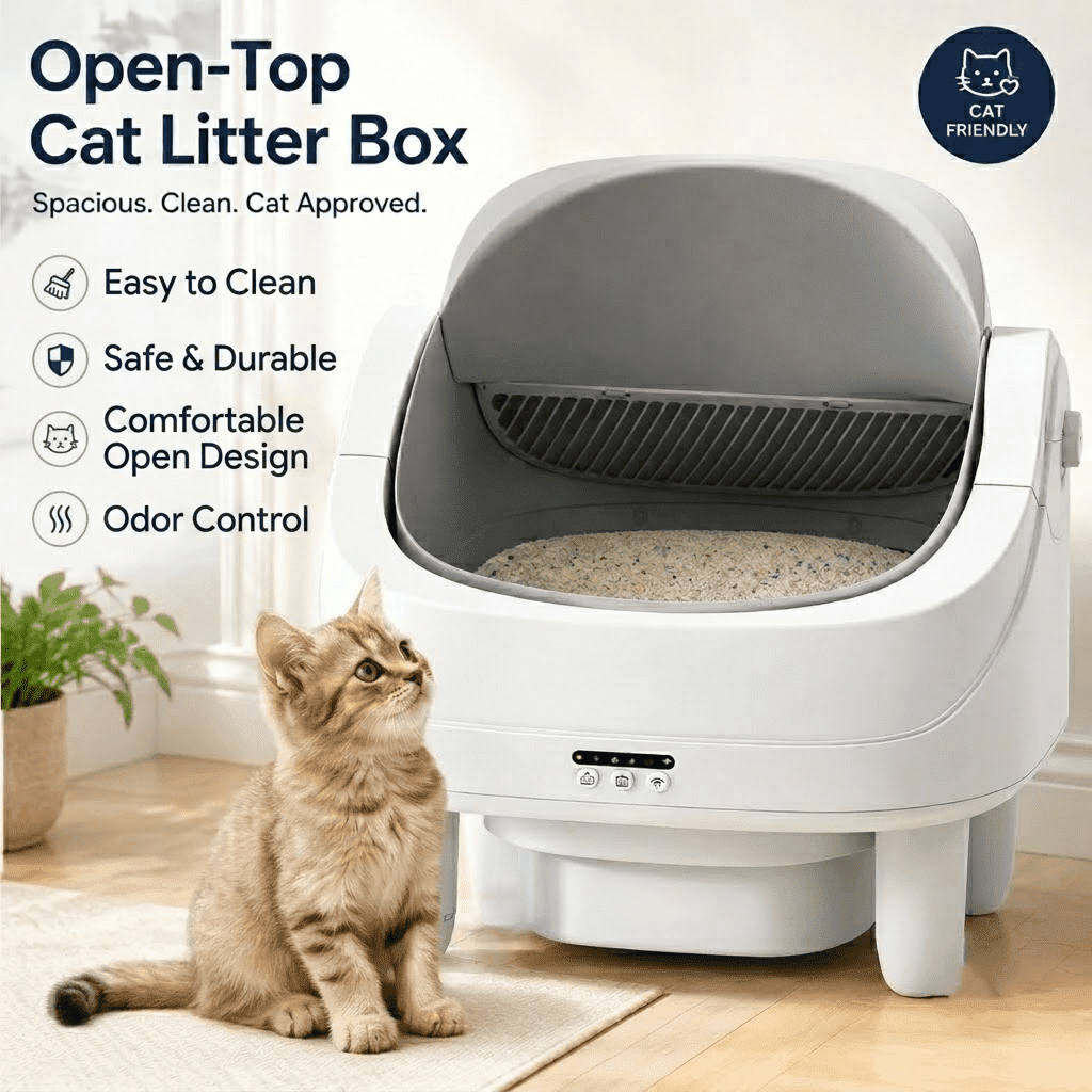 Campmoy Smart Automatic Cat Litter Box with Self Cleaning Function, App & Touch Control, 15-Day Waste Capacity, Open Top Cat-Friendly Design, Quiet Operation, Easy Cleaning for Home Use