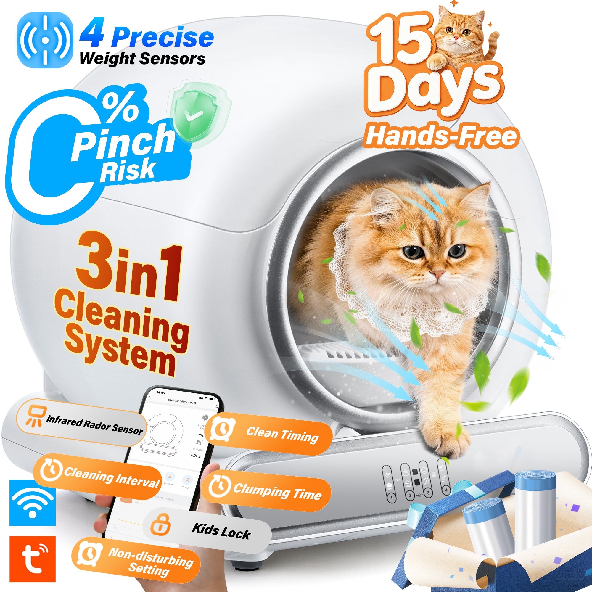 WNANEEZ Automatic Cat Litter Box Self Cleaning with App & Panel Control, Odor Removal System, Anti-Pinch Safety Sensors, Health Monitoring, 65+9L Large Capacity for Multi-Cat Homes