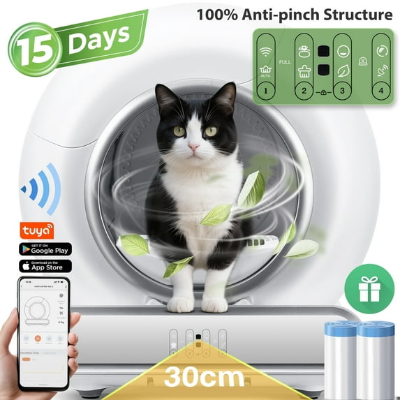 Campmoy Smart Automatic Self-Cleaning Cat Litter Box for Multi-Cat w/ App Control, Dual Safety Protection, Real-Time Health Tracking, 65L+9L, Odor Removal Cat Litter Box with 2 Roll Liners