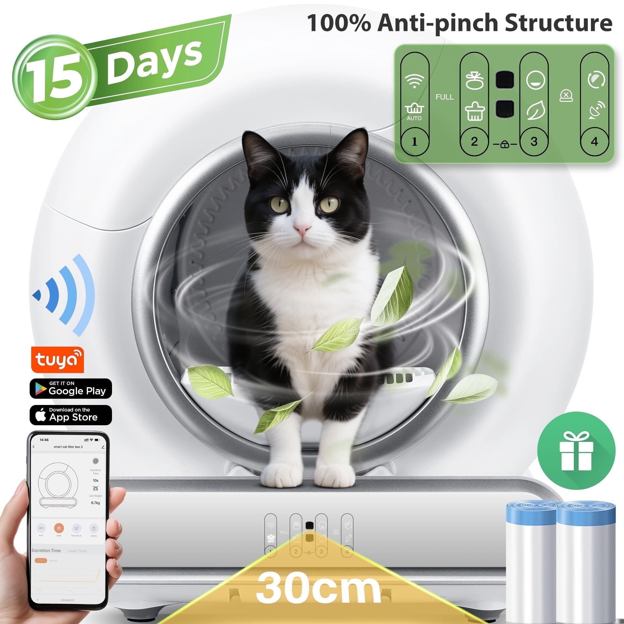 Campmoy Smart Automatic Self-Cleaning Cat Litter Box for Multi-Cat w/ App Control, Dual Safety Protection, Real-Time Health Tracking, 65L+9L, Odor Removal Cat Litter Box with 2 Roll Liners