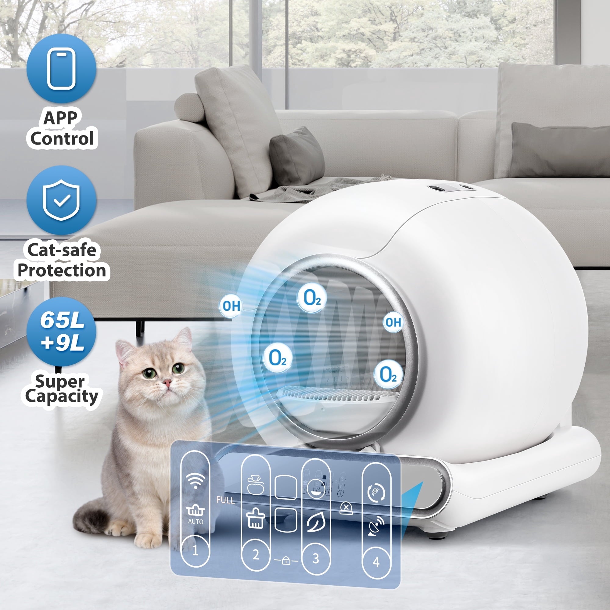 WNANEEZ Smart Automatic Self-Cleaning Cat Litter Box for Multicat, Cat Litter Box with Wifi APP Control/Integrated Safety Protection, 65L+9L Large Capacity with 2 Rolls Trash Bag, White