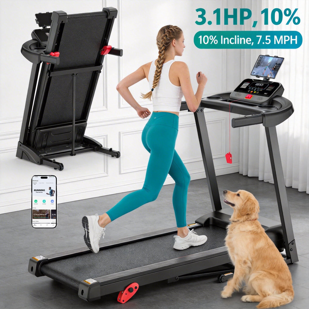 ODYAAZ Treadmill with 10% Incline, Portable Treadmills for Home and Office, Foldable Treadmill with Handles, 3.1HP Quiet treadmill for small space,300 LBS Weight Capacity, walking running exercise treadmill