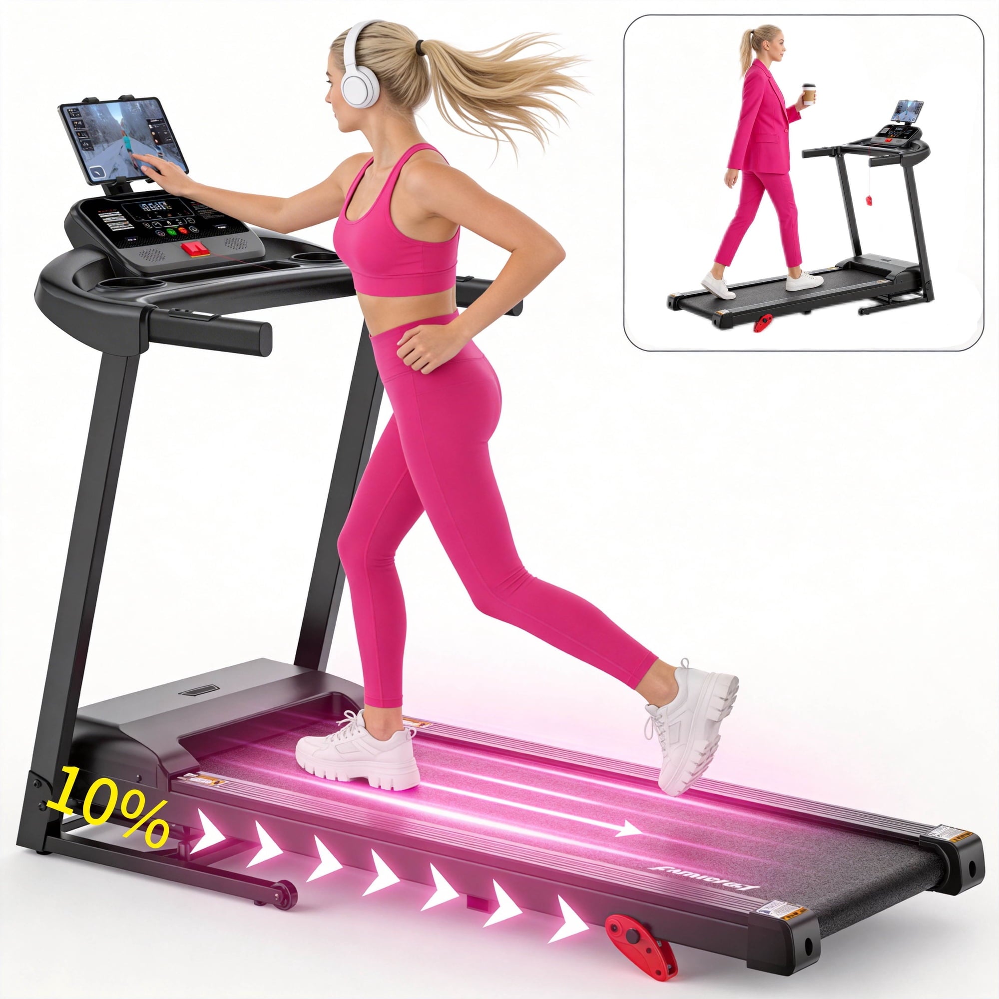ODYAAZ Treadmill with 10% Incline, portable folding Treadmill with 5" LCD Display Console, 3.1HP Quiet Treadmills for Home and Office Use, 300 LBS Capacity, exercise treadmill