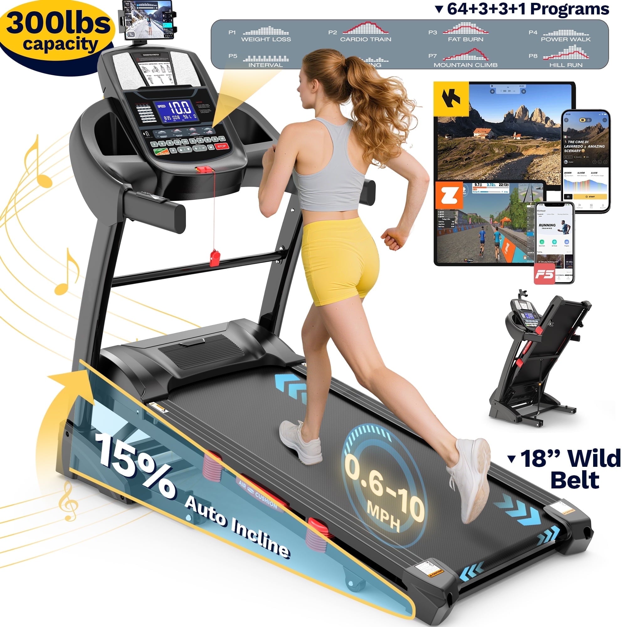 Campmoy Treadmill with 15% Incline 300 lbs Capacity, 4.7HP Folding Treadmill for Home, Wild Shock Absorption Belt Treadmill, 0.6-10MPH, APP Control, 64+3+3+1 Program