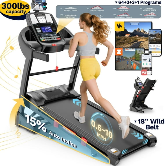Campmoy Treadmill with 15% Incline 300 lbs Capacity, 4.7HP Folding Treadmill for Home, Wild Shock Absorption Belt Treadmill, 0.6-10MPH, APP Control, 64+3+3+1 Program