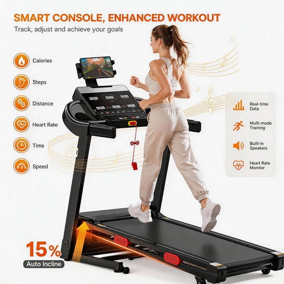 FaayFian Treadmill with 15% Incline,Portable Treadmills for Home Small, Incline Treadmill with Handle Bar, Walking Pad Foldable exercise treadmill with 3.8HP Quiet Brushless, LED Dispay, 300LBS Capacity