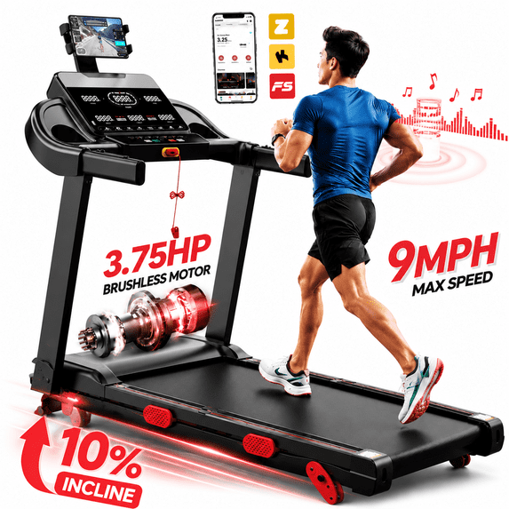 OXIBYPU Treadmill 300lbs Capacity with Incline for Home, Folding Portable Treadmill, 3.75HP Motor 9MPH Running Machine, Smart APP Control, 105 Programs, Shock Absorbing Exercise Treadmill for Walking Running