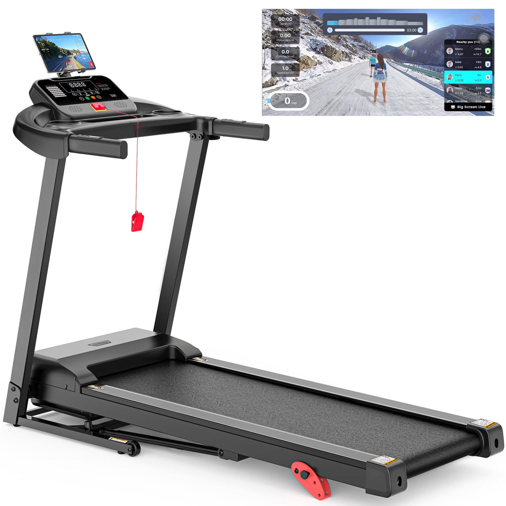 Qvamodo Treadmill with 9% Incline, 3.0 HP Foldable Compact Treadmill with 64 Programs, 7.5MPH, 300 lbs Walking Running Treadmill with LCD Display for Exercise, Free Courses, APP Control, Bluetooth Speakers