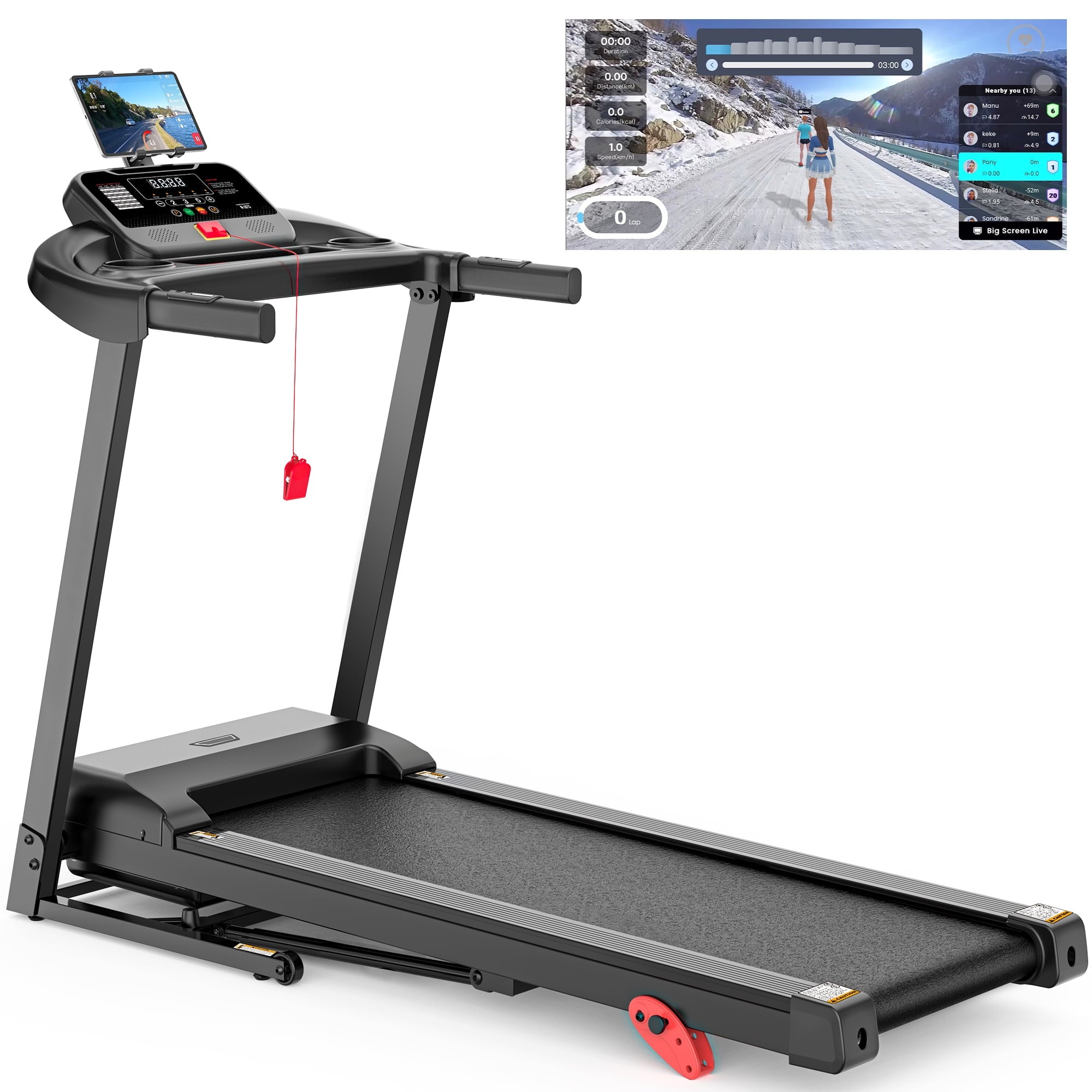 Qvamodo Treadmill with 9% Incline, 3.0 HP Foldable Compact Treadmill with 64 Programs, 7.5MPH, 300 lbs Walking Running Treadmill with LCD Display for Exercise, Free Courses, APP Control, Bluetooth Speakers
