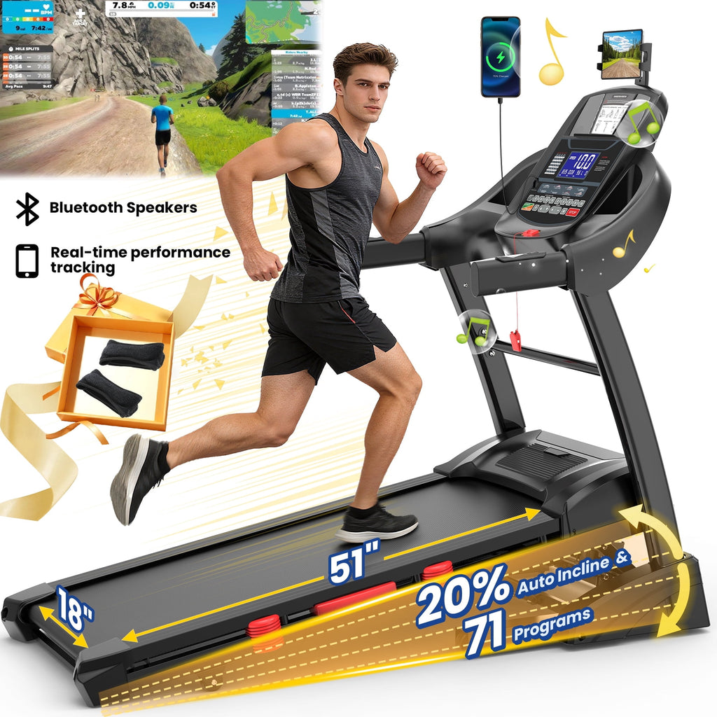 ODYAAZ Treadmill With Auto 20% Incline,4.8HP Folding Treadmills for Home Running Walking ,Max 12MPH Speed,300-400 lbs Weight Capacity, App Control, Free Courses