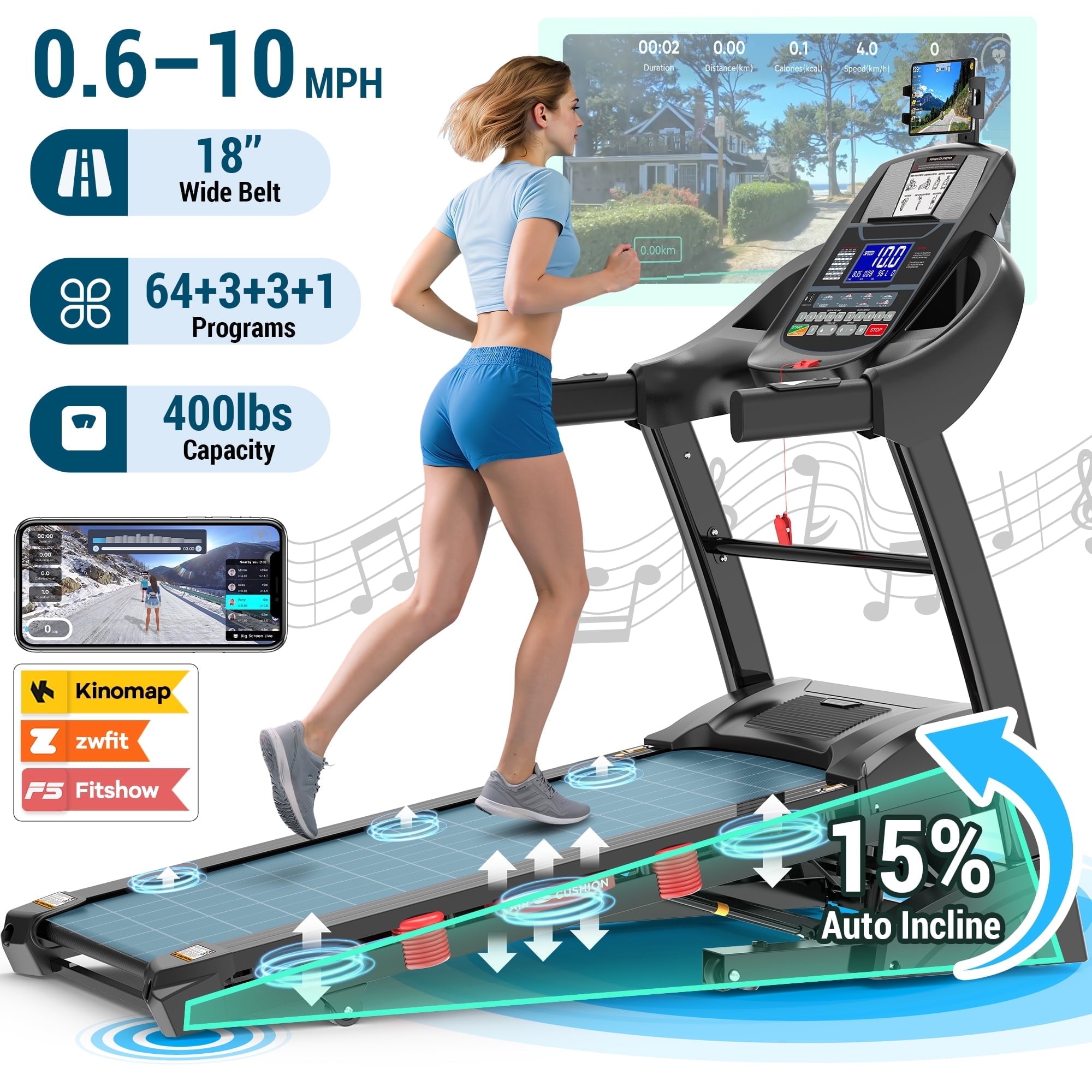 Qvamodo Treadmill for Home with 15% Auto Incline, 5.0HP Folding Treadmill 400lbs Capacity, LCD Display, 64+3+3+1 Programs, APP & Bluetooth, 0.6-10MPH