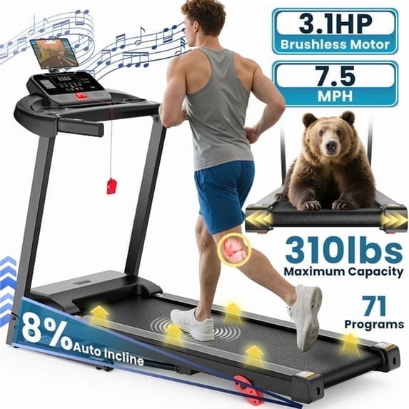 FaayFian Treadmill 310LBS Capacity for Home, 3.1HP Folding Treadmill , Treadmill with 8% Incline, 7.5MPH, 71 Preset Programs, Shock Absorption, APP Control