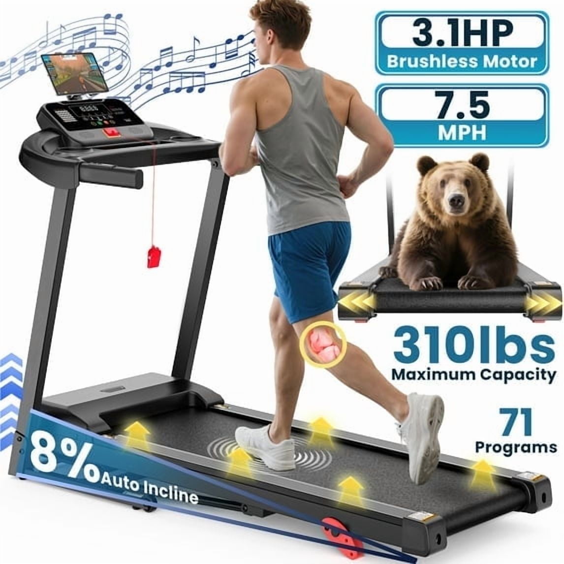 MAJUNES Treadmill 310LBS Capacity for Home, 3.1HP Folding Treadmill , Treadmill with 8% Incline, 7.5MPH, 71 Preset Programs, Shock Absorption, APP Control