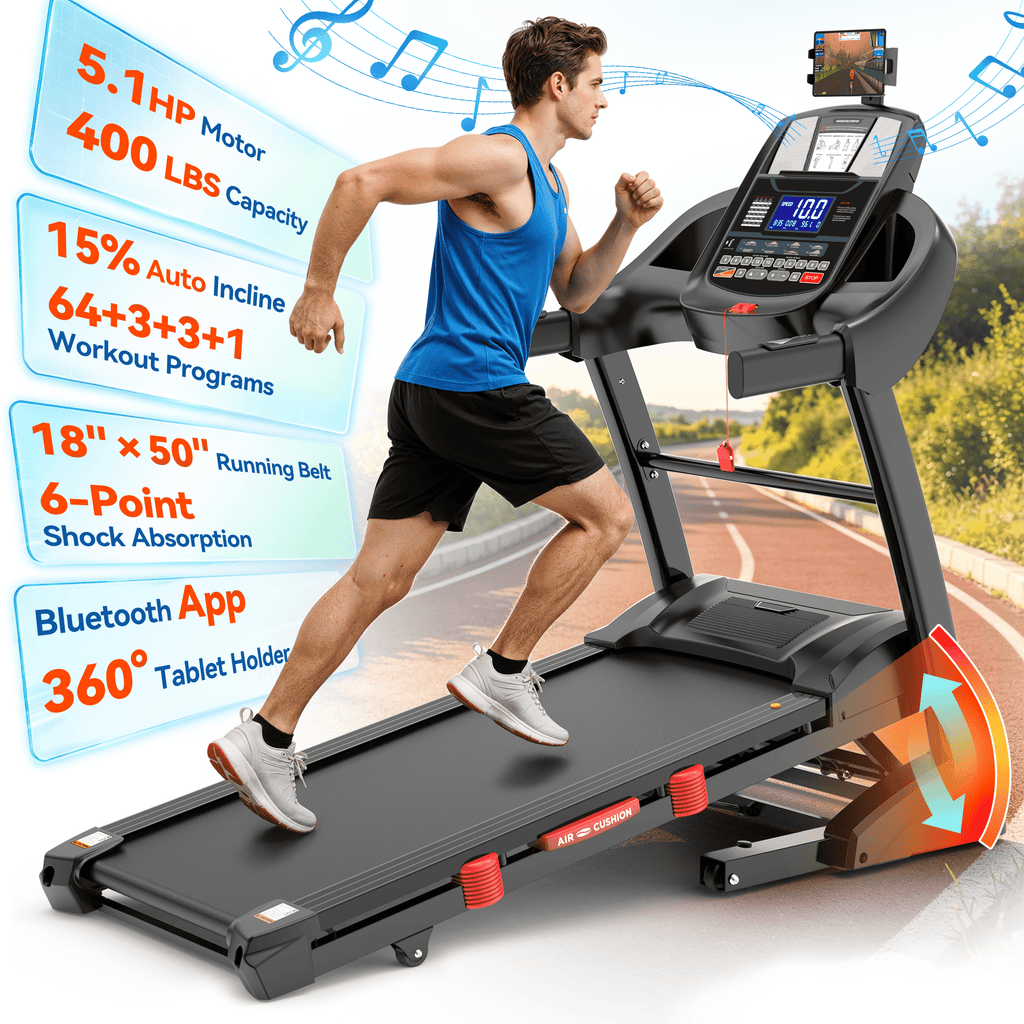 AQUGOKS Treadmill for Home - 20% Auto Incline, 12 MPH, 300-400 Lbs Capacity, 50"x18" Running Surface. LED Display Shows Speed, Incline, Time, Distance and Calories.