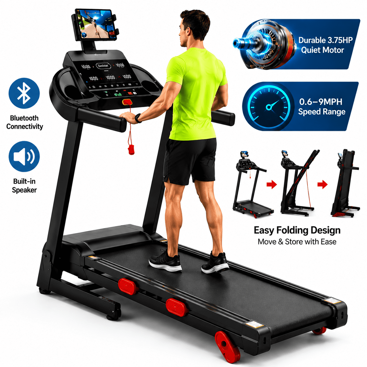 OXIBYPU Treadmill for Home Folding Treadmill with Incline, 3.75HP Motor 0.6-9MPH Speed, Smart APP & Console Control, 105 Programs, Compact Exercise Treadmill with 300lbs Capacity