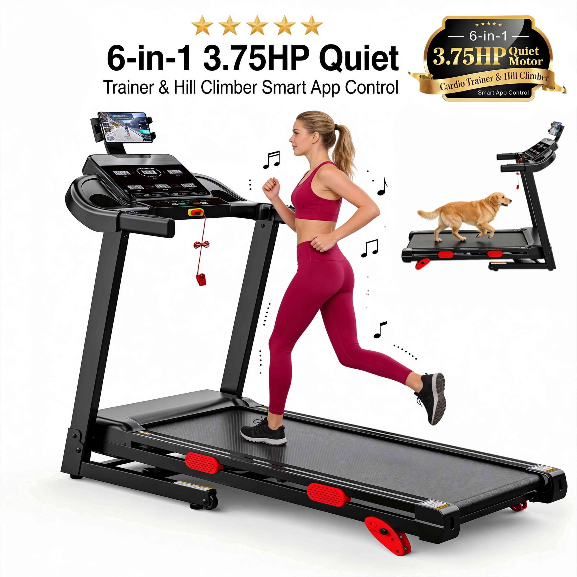 AQUGOKS Treadmill with Incline for Home, 10% Incline Treadmill with Handrail 300 lbs Capacity, 3.75HP Quiet Walking Pad Treadmill with App, Portable Folding Tread mill with Heart Rate & Wide Belt