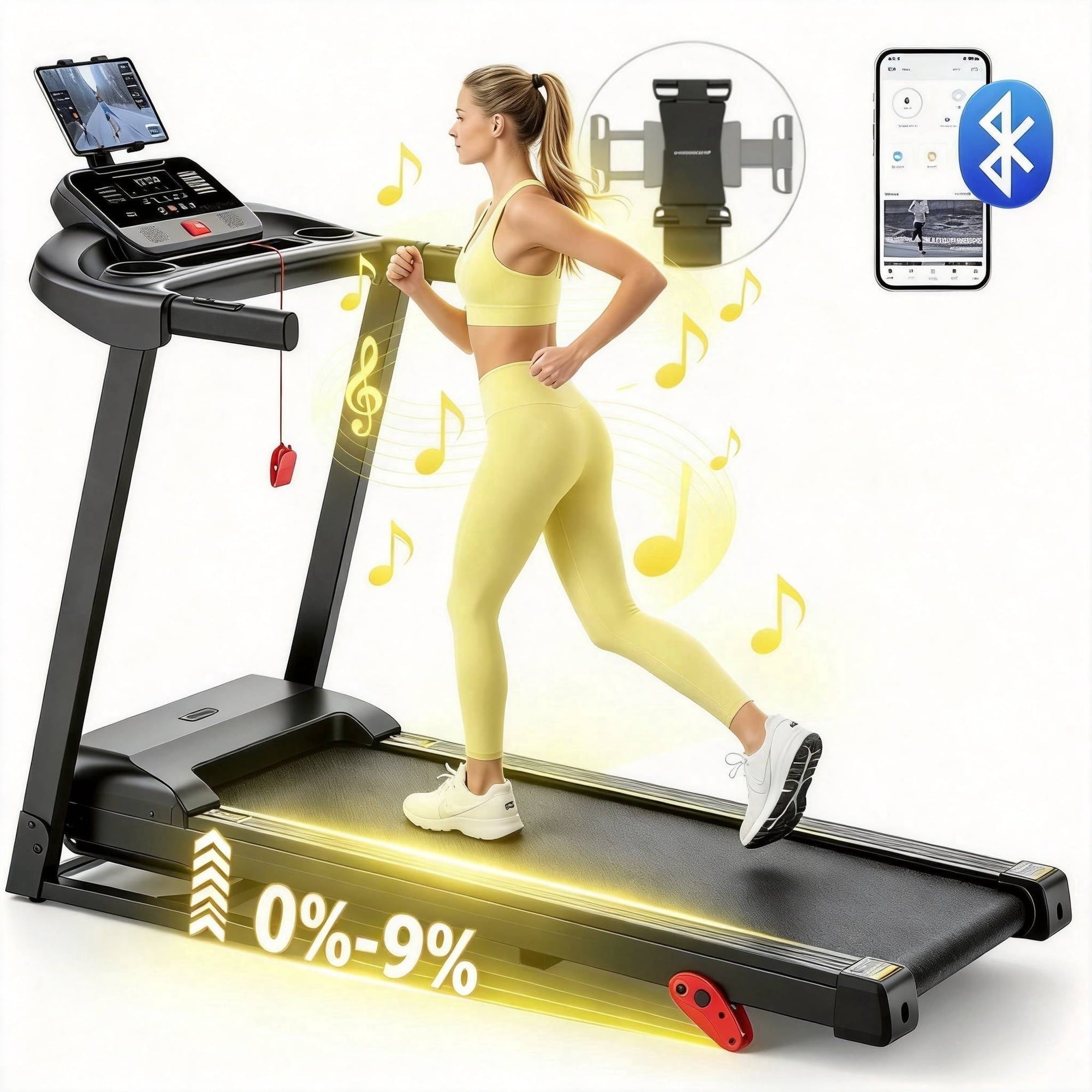 ODYAAZ Treadmill with Adjustable Incline, 3.5HP Portable Treadmill for Home Small Space 300 Lbs Capacity, Remote APP Control and LED Display, Handle Bar