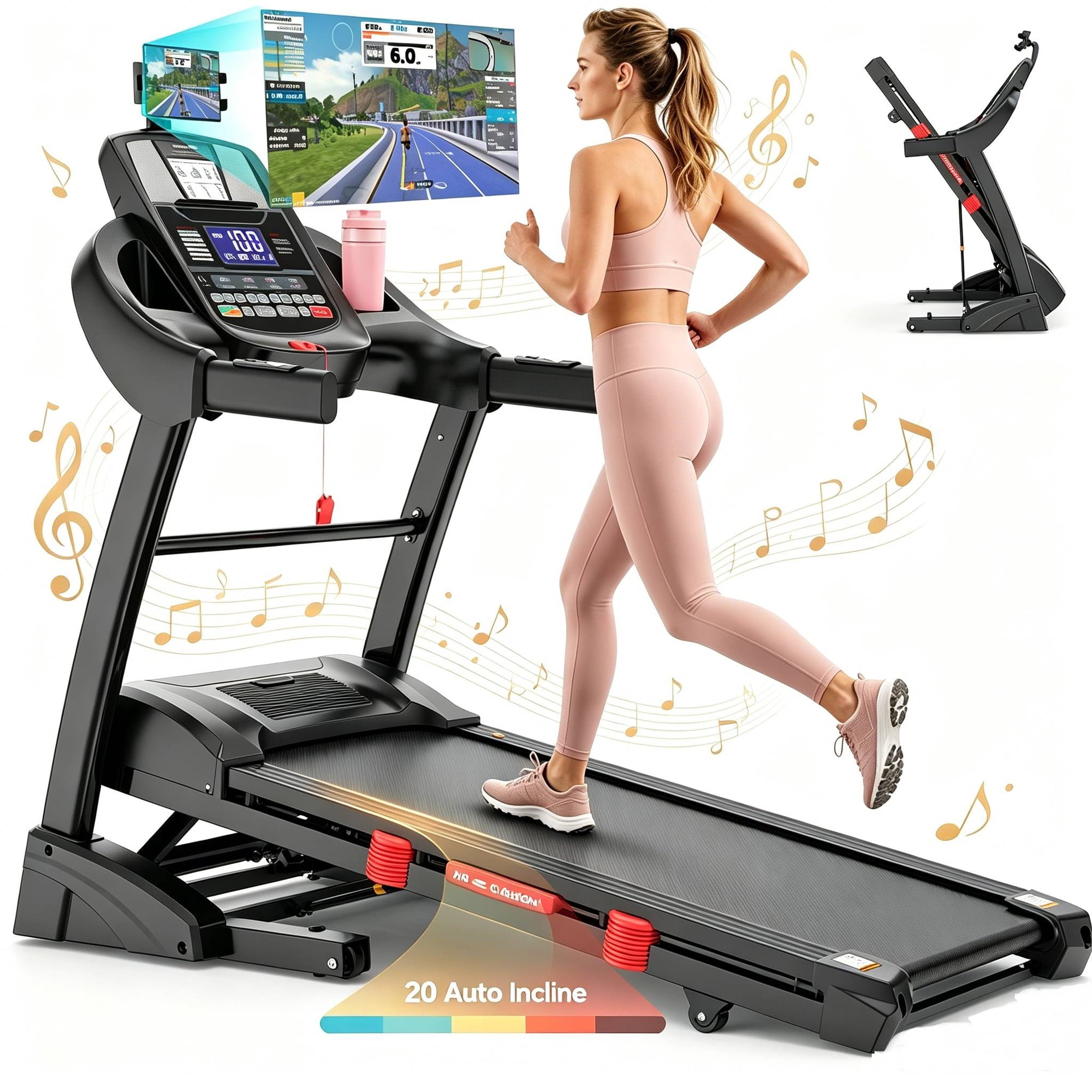 WNANEEZ Treadmills for Home, 20% Auto Incline, 0.6-12 MPH, 18" Belt, 5HP, 400lb Capacity, Foldable, Bluetooth App