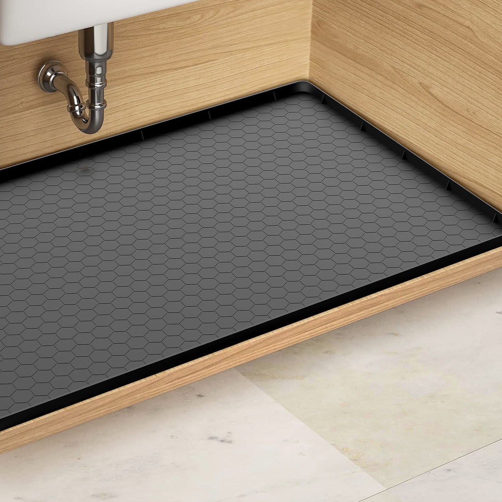 MAJUNES Under Sink Mat, Campmoy 34" x 22" Under Sink Mats for Kitchen Waterproof - Silicone Under Sink Liner Drip Tray with Drain Hole(Black)
