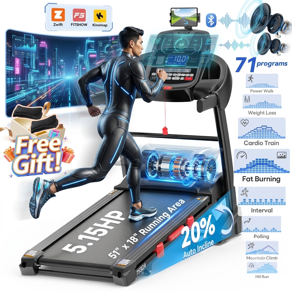 AQUGOKS Upgrade 300LBS Capacity Treadmill for Home - Folding 5.15HP Brushless Treadmill with 20% Auto Incline & Handle Bar, 12MPH Speed, Exercise Electric treadmill with LED Display and Smart APP