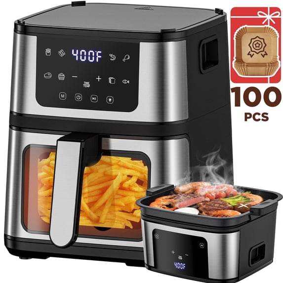 WNANEEZ 2-in-1 Air Fryer 7.5 QT Large Capacity Digital Hot Air Oven with Window & Light, Family Size Oil-Free Air Fryer with 8 Presets, Nonstick Easy Clean Basket, 100 Liners, Black