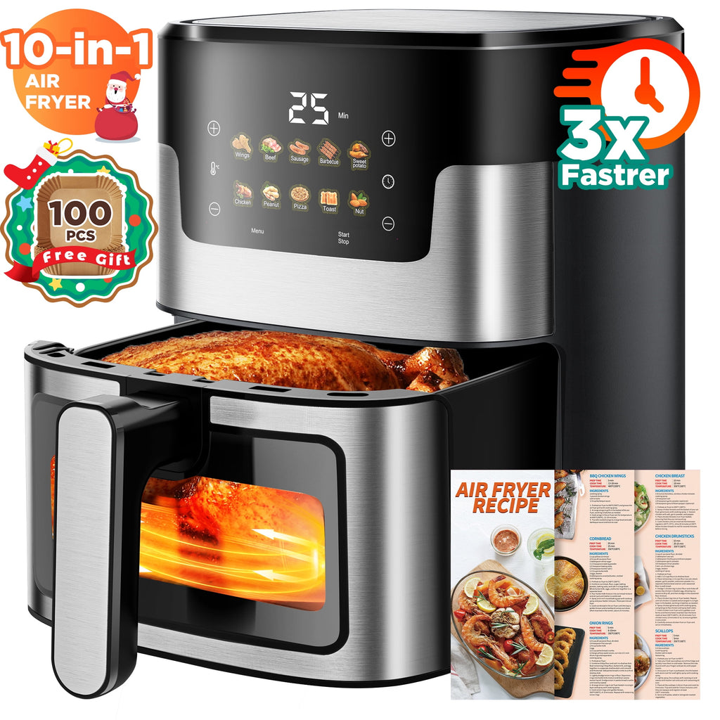 WNANEEZ Air Fryer 7.5 QT Large Capacity Digital Hot Air Oven with Window & Light, Family Size Oil-Free Air Fryer with 10 Presets, Nonstick Easy Clean Basket, 100 Liners, Black