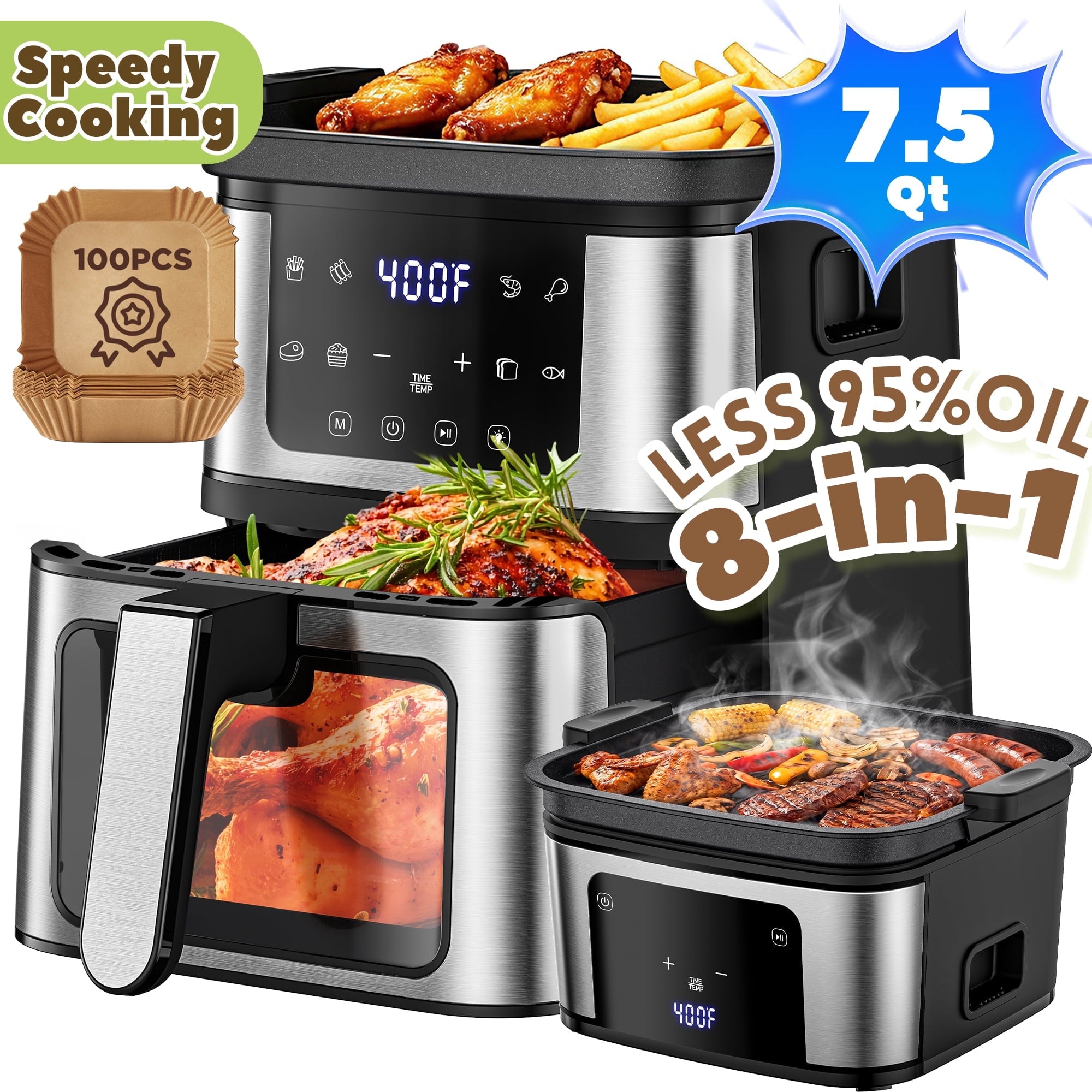 Famistar 7.5 QT Visible Air Fryer Oven with Light & Baking Tray, 8-in-1 Oil-Free Digital Air Fryer, Nonstick Basket & 100 Liners, Easy Clean Family Kitchen Cooker