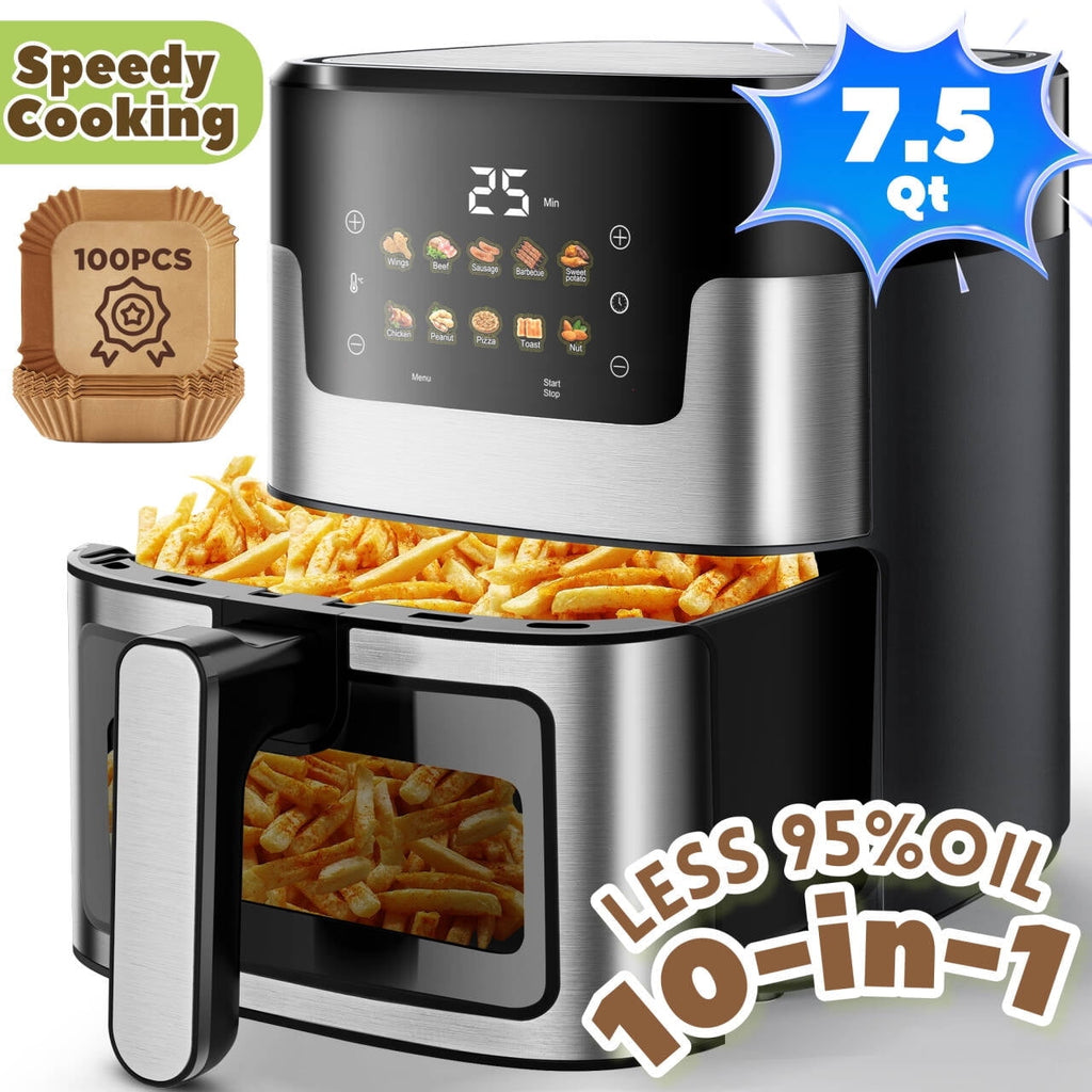 WNANEEZ Air Fryer 7.5 QT with Window & Light – Oil-Free Large Digital Air Fryer Oven for Family Meals, Easy to Use & Clean, Nonstick Basket + 100 Liners, 10-in-1 Countertop Air Fryer