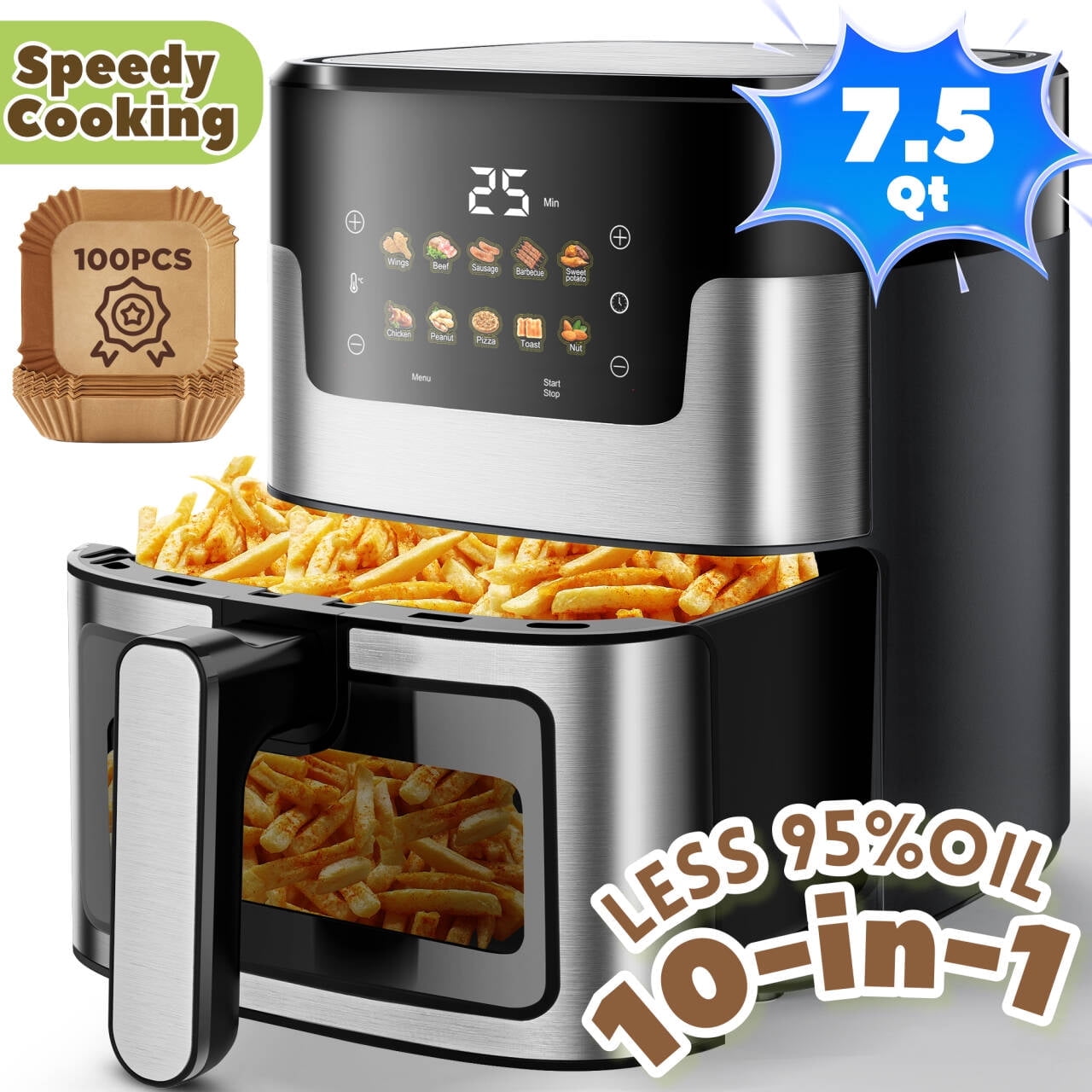 WNANEEZ Air Fryer 7.5 QT with Window & Light – Oil-Free Large Digital Air Fryer Oven for Family Meals, Easy to Use & Clean, Nonstick Basket + 100 Liners, 10-in-1 Countertop Air Fryer