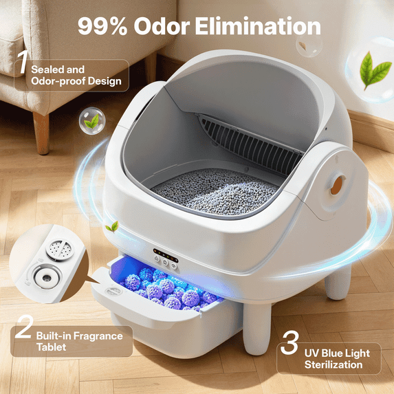 Qvamodo Self Cleaning Cat Litter Box, Automatic Open Top Cat Litter Box for Multiple Cats, Smart Litter Box with APP Control, 111 L Large Capacity, 7-Sensor Protection, Low Odor Cat Litter Solution